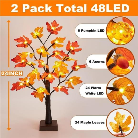 [ 2 Pack & Timer ]24 Inch Artificial Fall Lighted Maple Tree Decor, l 48 LED - Picture 3 of 7